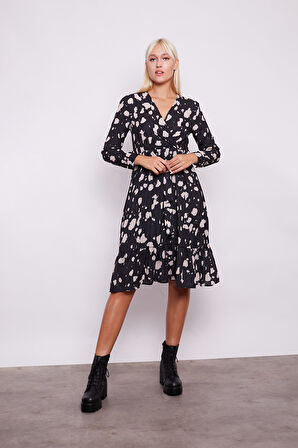 Desenli Kruvaze Anvelop Uzun Kol Eteği Fırfırlı Elbise -Siyah Desen 