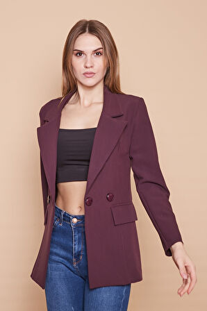 Yakalı Cep Kapaklı Kolları Düğmeli Uzun Kol Blazer Uzun Düğmeli Kumaş Ceket-Mürdüm
