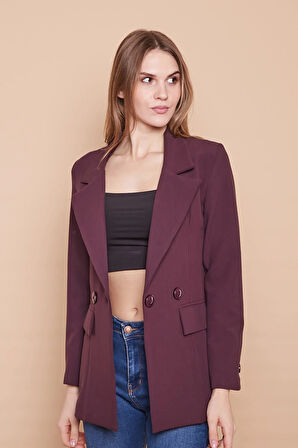 Yakalı Cep Kapaklı Kolları Düğmeli Uzun Kol Blazer Uzun Düğmeli Kumaş Ceket-Mürdüm