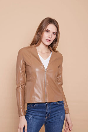 Ekolojik Suni Deri V Yaka Uzun Kol Fermuarlı Blazer Ceket-Koyu Bej