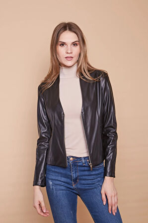 Ekolojik Suni Deri V Yaka Uzun Kol Fermuarlı Blazer Ceket-Siyah