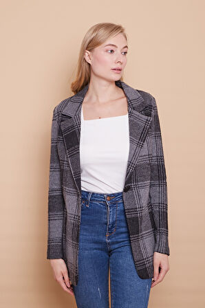 Ekose Desenli Yakalı Uzun Kol Tek Düğme Yünlü Kumaş Kışlık Blazer Ceket -Siyah Desen 