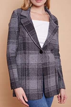 Ekose Desenli Yakalı Uzun Kol Tek Düğme Yünlü Kumaş Kışlık Blazer Ceket -Siyah Desen 