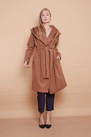 Kaşe Kapşonlu Uzun Kol Anvelop Kruvaze Bağcıklı Cepli Kaban-Camel