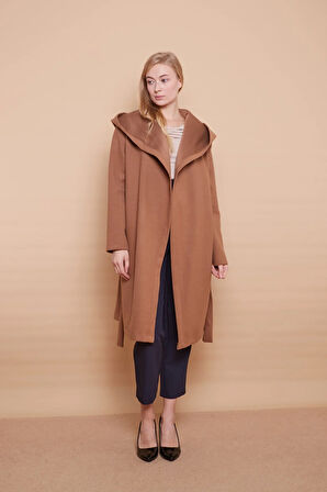 Kaşe Kapşonlu Uzun Kol Anvelop Kruvaze Bağcıklı Cepli Kaban-Camel