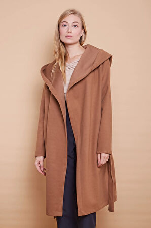 Kaşe Kapşonlu Uzun Kol Anvelop Kruvaze Bağcıklı Cepli Kaban-Camel