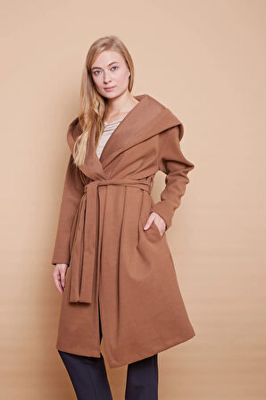 Kaşe Kapşonlu Uzun Kol Anvelop Kruvaze Bağcıklı Cepli Kaban-Camel