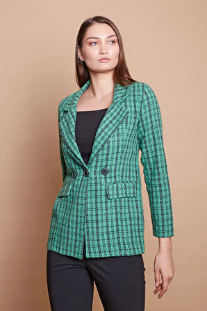 Desenli Yakalı Cep Kapaklı Ayarlanabilir Düğmeli Uzun Kol Blazer Ceket-Yeşil