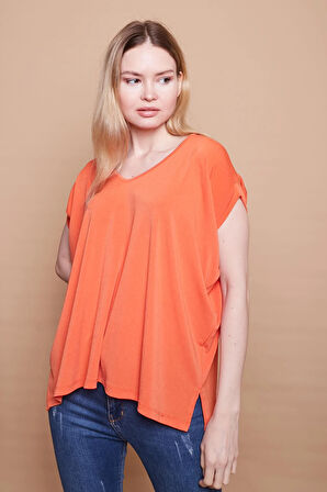 Likralı Krep Kumaş V Yaka Salaş Yanı Yırtmaçlı Oversize Bluz-Oranj