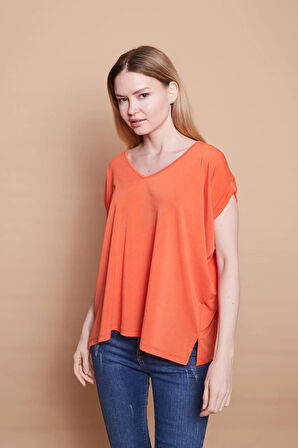 Likralı Krep Kumaş V Yaka Salaş Yanı Yırtmaçlı Oversize Bluz-Oranj