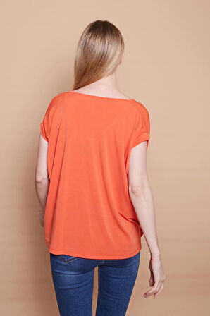 Likralı Krep Kumaş V Yaka Salaş Yanı Yırtmaçlı Oversize Bluz-Oranj