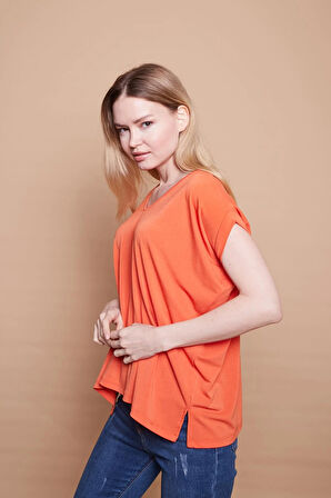 Likralı Krep Kumaş V Yaka Salaş Yanı Yırtmaçlı Oversize Bluz-Oranj