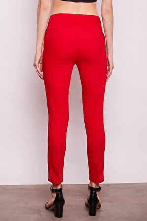 Yüksek Bel Kalın Kemerli Cepli Dar Paça Bilek Boy Pamuklu Likralı Kumaş Pantolon-Kırmızı