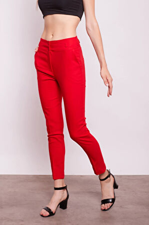 Yüksek Bel Kalın Kemerli Cepli Dar Paça Bilek Boy Pamuklu Likralı Kumaş Pantolon-Kırmızı
