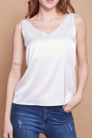 Saten Kumaş Ön Arka V Yaka Kolsuz Ceket içi Şık Bluz-Krem