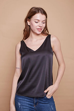 Saten Kumaş Ön Arka V Yaka Kolsuz Ceket içi Şık Bluz-Siyah