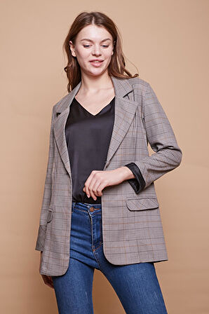 Ekoseli Yakalı Kolu Katlamalı Cep Kapaklı Boyfriend Hafif Likralı Kumaş Blazer Ceket-Hardal Ekose