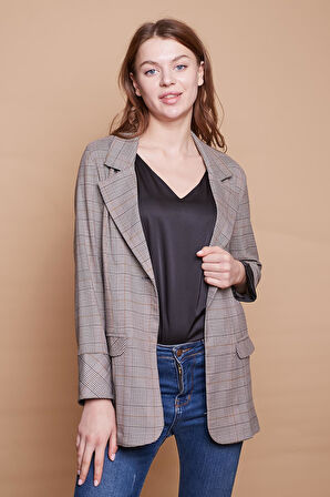 Ekoseli Yakalı Kolu Katlamalı Cep Kapaklı Boyfriend Hafif Likralı Kumaş Blazer Ceket-Hardal Ekose