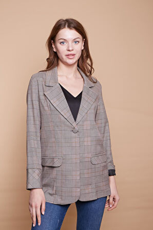 Ekoseli Yakalı Kolu Katlamalı Cep Kapaklı Boyfriend Hafif Likralı Kumaş Blazer Ceket-Hardal Ekose