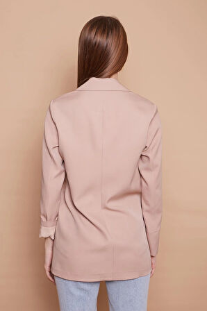 Yakalı Kolu Katlamalı Cep Kapaklı Salaş Boyfriend Oversize Hafif Likralı Kumaş Blazer Ceket -Bej