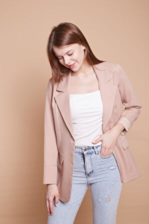 Yakalı Kolu Katlamalı Cep Kapaklı Salaş Boyfriend Oversize Hafif Likralı Kumaş Blazer Ceket -Bej