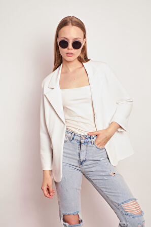 Yakalı Kolu Katlamalı Cep Kapaklı Salaş Boyfriend Oversize Hafif Likralı Kumaş Blazer Ceket-Krem