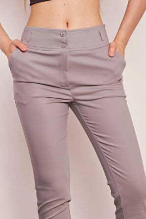 Yüksek Bel Kalın Kemerli Cepli Dar Paça Bilek Boy Pamuklu Likralı Kumaş Pantolon-Gri