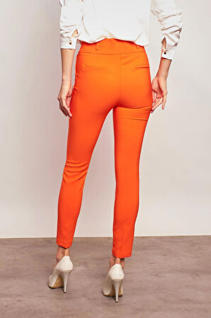 Kalın Kemerli Süs Cepli Bilek Boy Likralı Kumaş Pantolon-Oranj 
