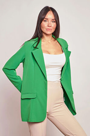 Yakalı Kolu Katlamalı Cep Kapaklı Salaş Boyfriend Oversize Hafif Likralı Kumaş Blazer Ceket-Yeşil