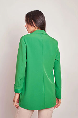 Yakalı Kolu Katlamalı Cep Kapaklı Salaş Boyfriend Oversize Hafif Likralı Kumaş Blazer Ceket-Yeşil
