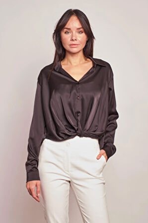 Likrasız Saten Kumaş Yakalı Önü Pileli Uzun Kol Gömlek-Siyah