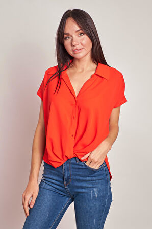 Likrasız Şık Kumaş Yakalı Düşük Omuzlu Önü Pileli Gömlek-Oranj 
