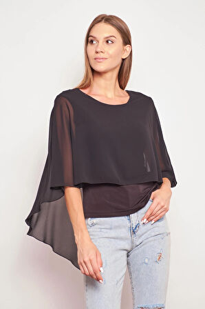 Şifon Detaylı Ön Balen Arka V Yaka Kanatlı Likralı Şık Bluz-Siyah