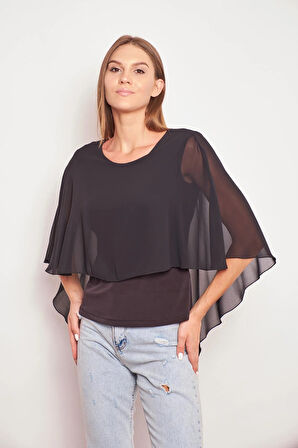 Şifon Detaylı Ön Balen Arka V Yaka Kanatlı Likralı Şık Bluz-Siyah