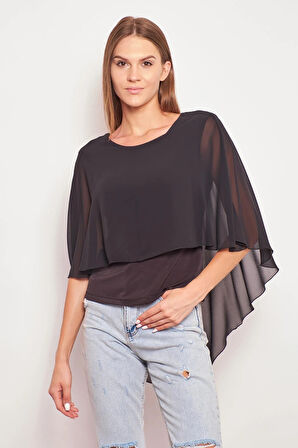 Şifon Detaylı Ön Balen Arka V Yaka Kanatlı Likralı Şık Bluz-Siyah