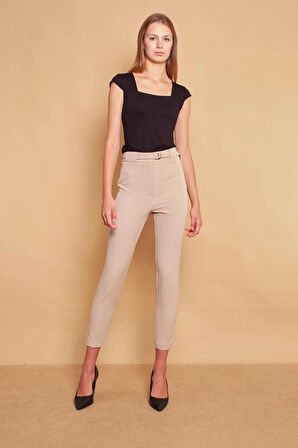 Kalın Kemerli D Tokalı Bilek Boy Normal Bel Likralı Kumaş Pantolon -Taş