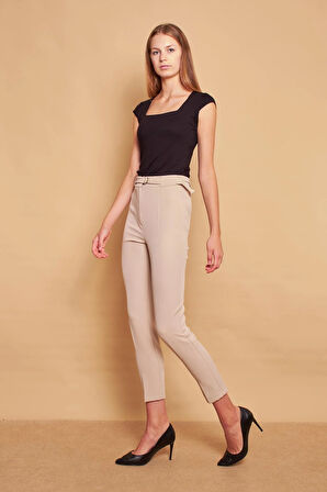 Kalın Kemerli D Tokalı Bilek Boy Normal Bel Likralı Kumaş Pantolon -Taş