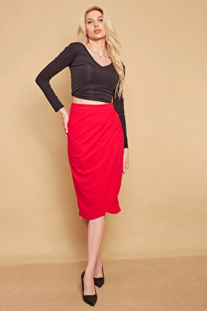 Kruvaze Anvelop Önü Pileli Diz Altı Likralı Kumaş Etek-Fujya