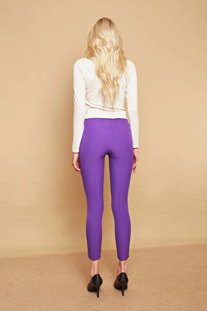 Power Strech Likralı Dar Kesim Yüksek Bel Beli Lastikli Bilek Boy Kumaş Pantolon  -Eflatun 