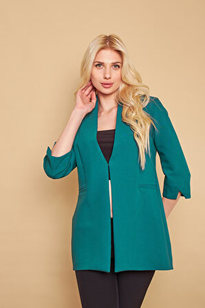 Hakim Yaka Flato Cepli Kolu Yırtmaçlı Uzun Blazer Pamuklu Likralı Kumaş Ceket-Petrol