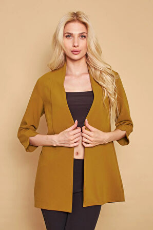 Hakim Yaka Flato Cepli Kolu Yırtmaçlı Uzun Blazer Pamuklu Likralı Kumaş Ceket-Yağ Yeşili