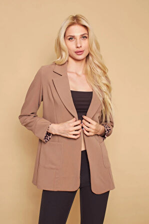 Yakalı Cepli Uzun Kol Kolu İsterse Katlanabilen Pamuklu Kumaş Blazer Ofis Ceket-Açık Vizon 