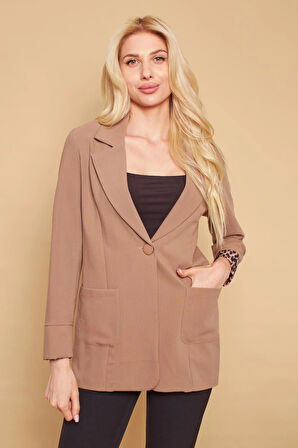 Yakalı Cepli Uzun Kol Kolu İsterse Katlanabilen Pamuklu Kumaş Blazer Ofis Ceket-Açık Vizon 