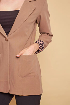 Yakalı Cepli Uzun Kol Kolu İsterse Katlanabilen Pamuklu Kumaş Blazer Ofis Ceket-Açık Vizon 