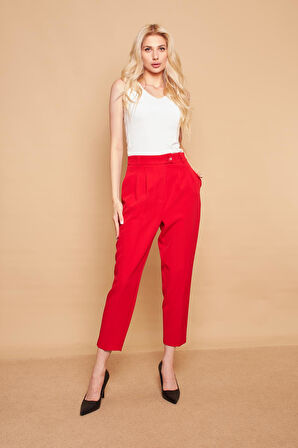Yüksek Bel Pileli Cepli Boyfriend Hafif Likralı Kumaş Pantolon-Kırmızı