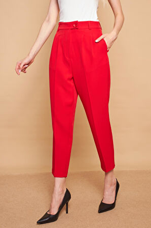 Yüksek Bel Pileli Cepli Boyfriend Hafif Likralı Kumaş Pantolon-Kırmızı