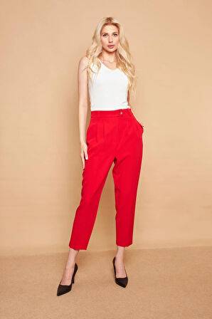 Yüksek Bel Pileli Cepli Boyfriend Hafif Likralı Kumaş Pantolon-Kırmızı