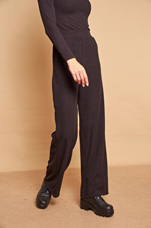 Yüksek Bel Yan Cepli Yürüyüş Triko Pantolon-Siyah