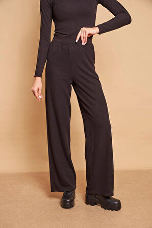 Yüksek Bel Yan Cepli Yürüyüş Triko Pantolon-Siyah