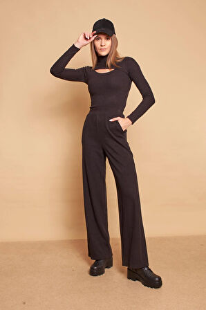 Yüksek Bel Yan Cepli Yürüyüş Triko Pantolon-Siyah